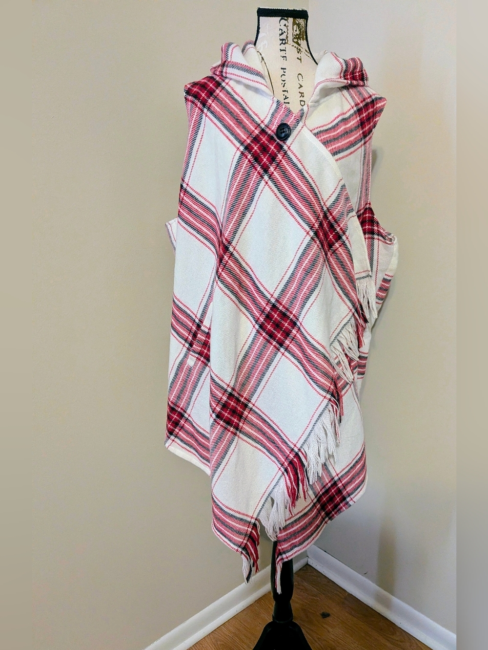 Rewind Hooded Plaid Red White Fringe Poncho Wrap Button Close 2X Shawl Boho